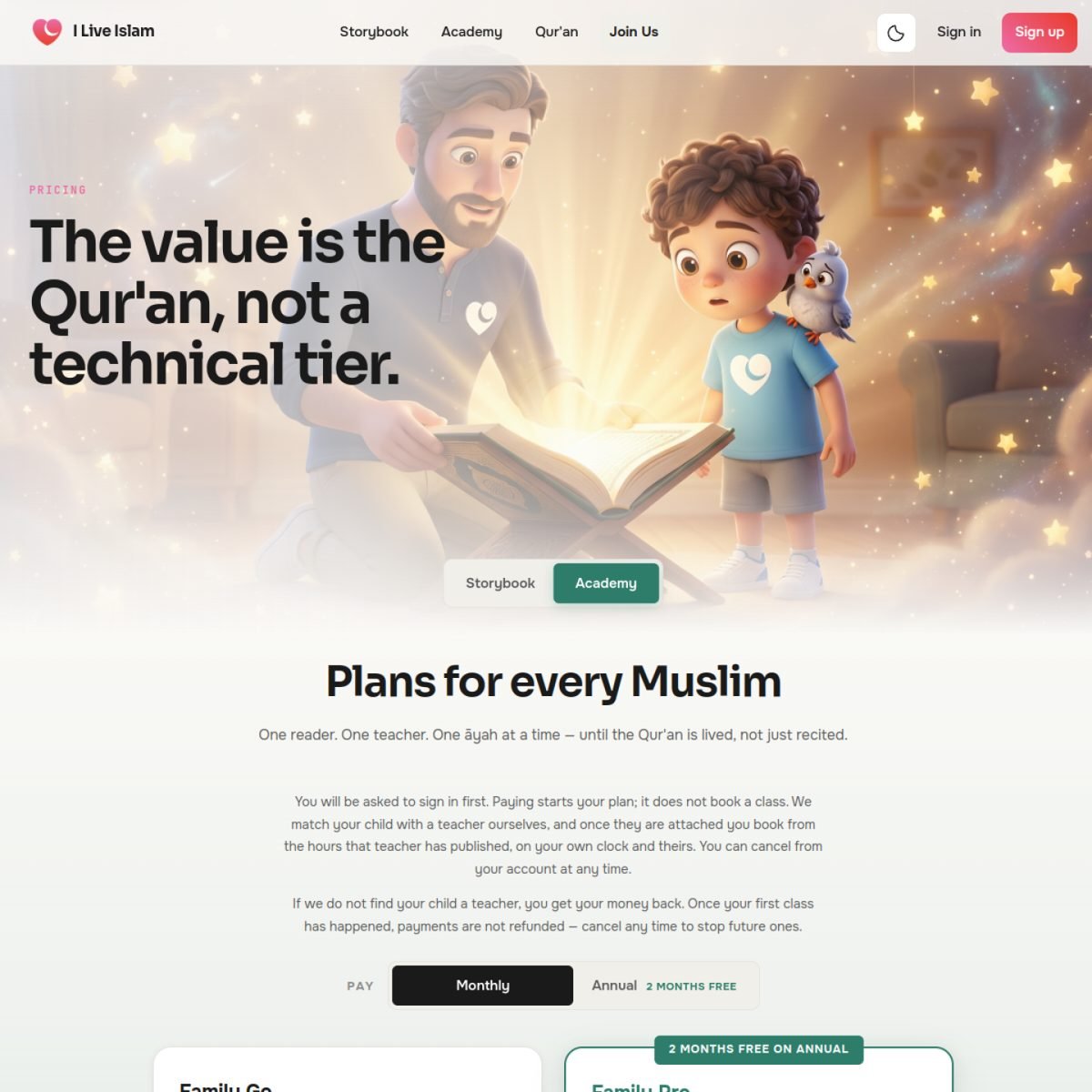 The I Live Islam Academy join page — ‘The value is the Qur'an, not a technical tier.’