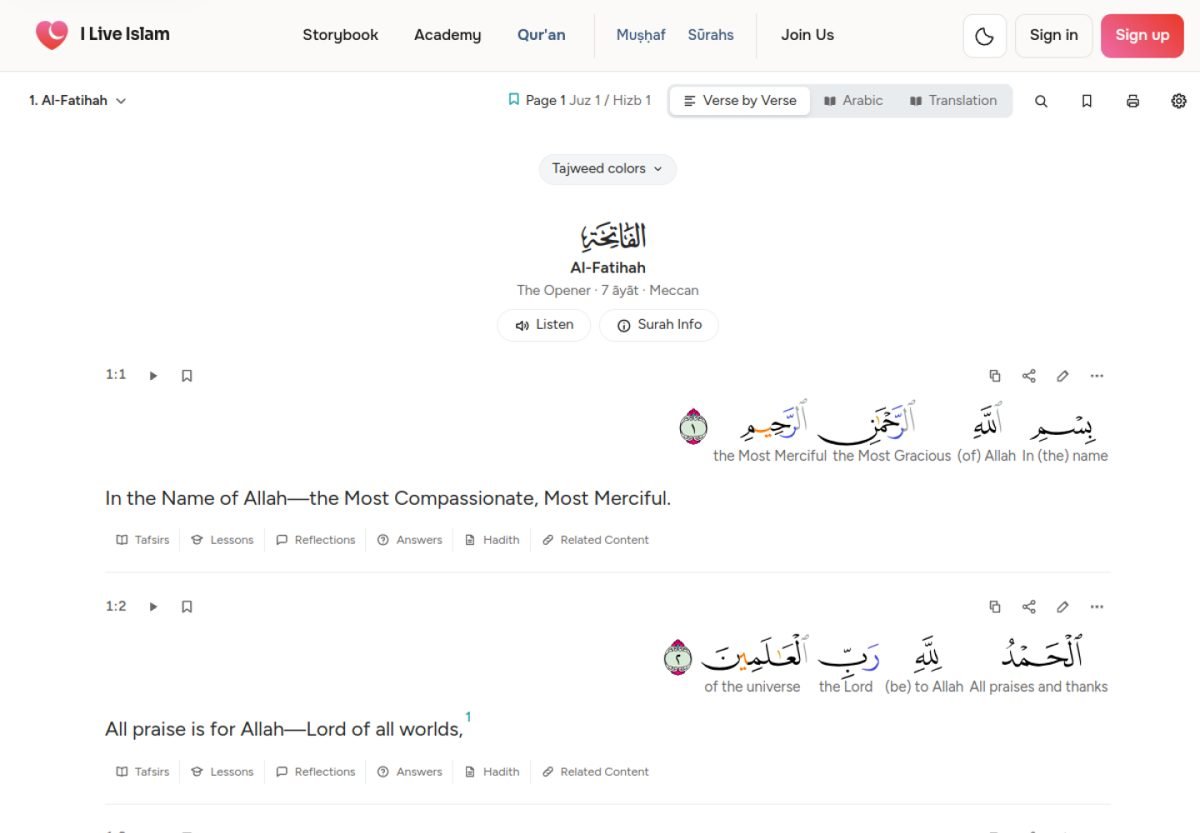 The I Live Islam muṣḥaf reader — Sūrat al-Fātiḥah with tajwīd colouring