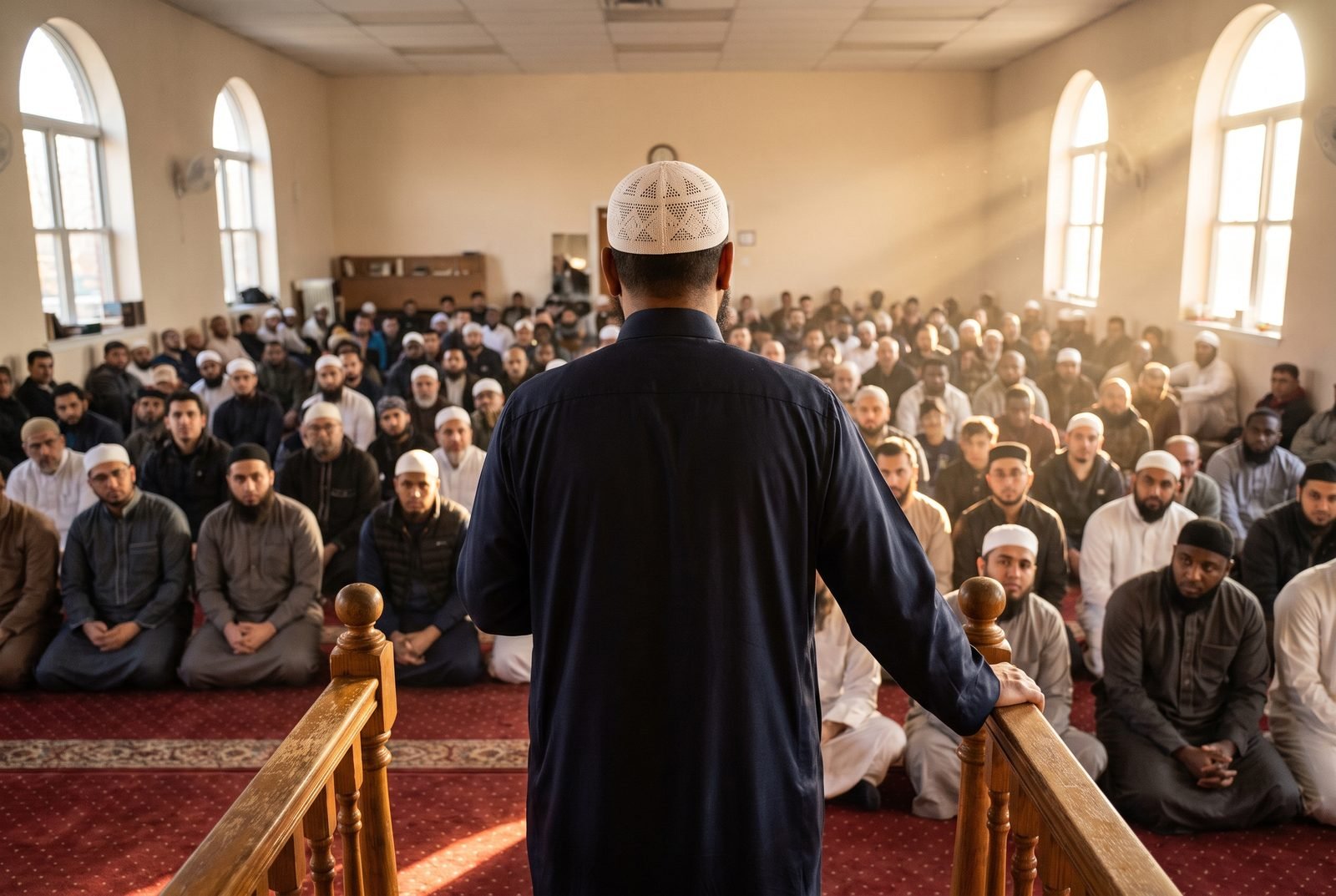 A speaker seen from behind at a minbar, a sunlit congregation before him