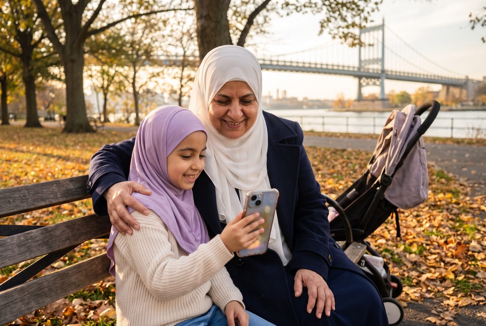 A grandmother in hijab and her granddaughter looking at a phone together on a park bench