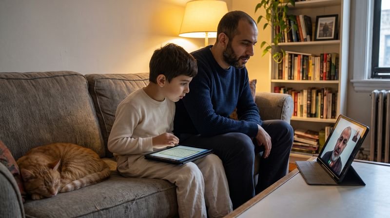 A father and son reading a muṣḥaf on a tablet with a teacher on a video call