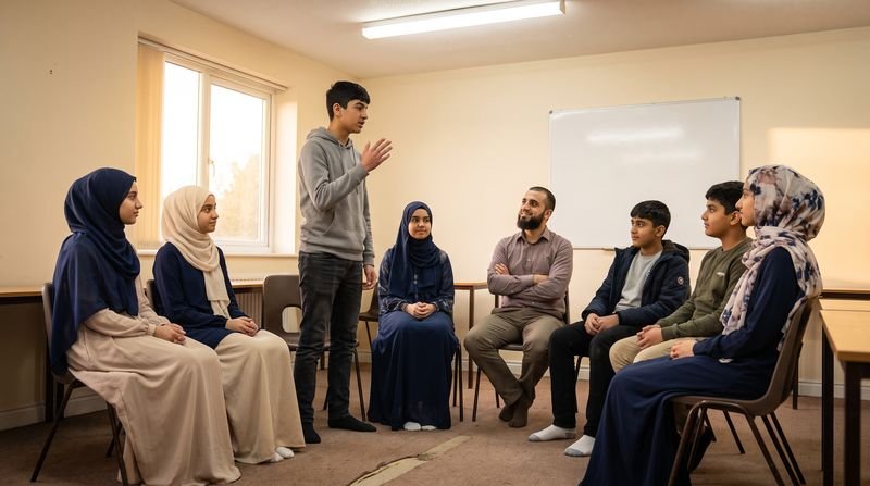 A circle of teenagers in a masjid classroom, one standing to speak