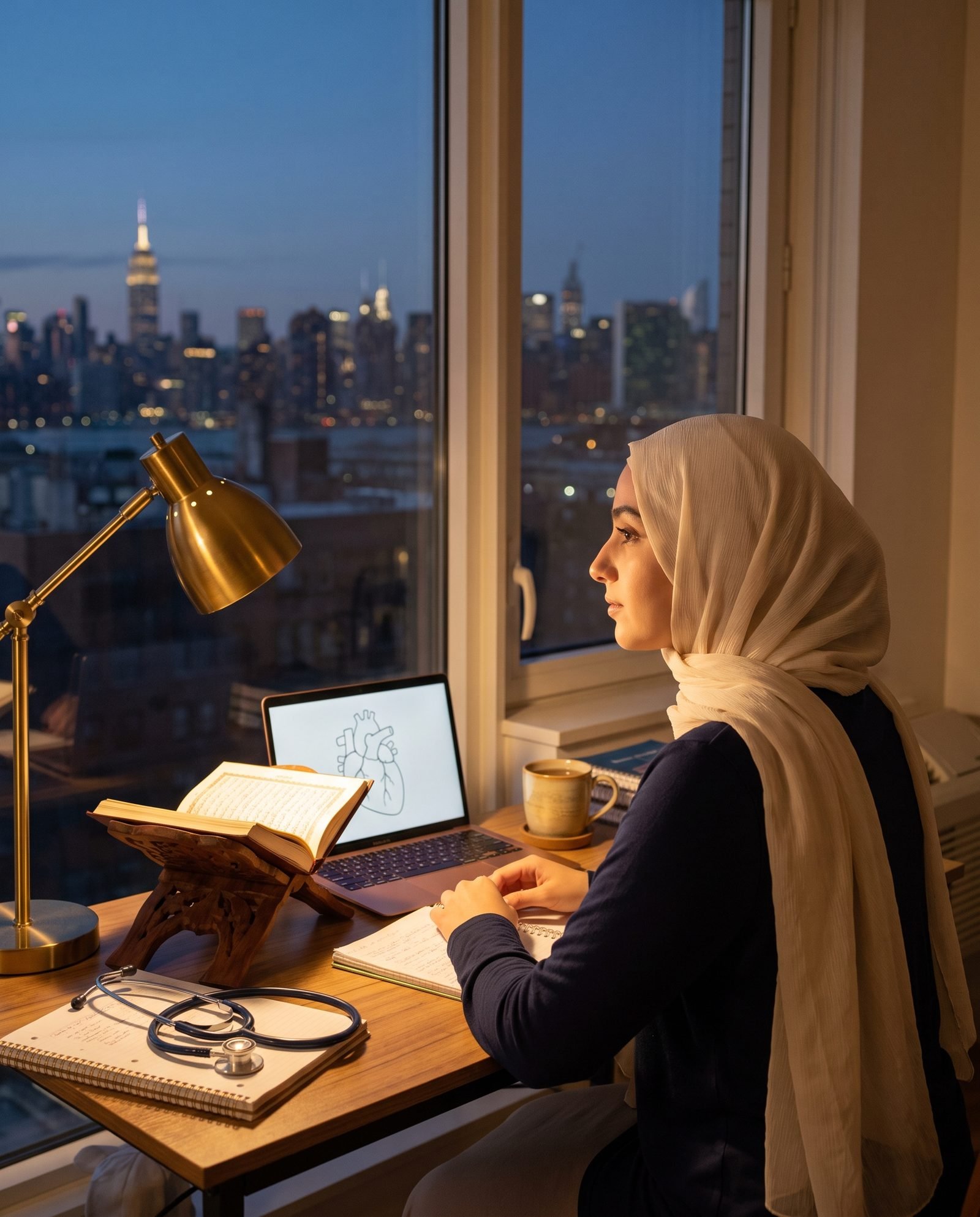 A medical student in hijab at her desk at dusk — an open muṣḥaf beside a stethoscope and a laptop showing an anatomy diagram, Manhattan in the window