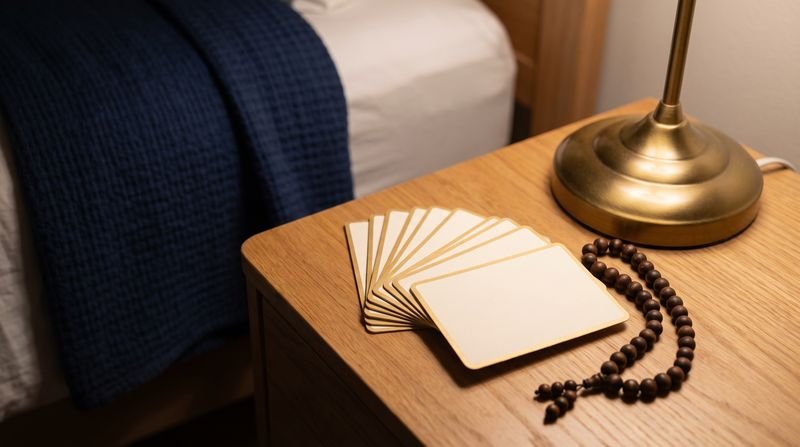 Printed du'ā' cards fanned on a bedside table beside a small lamp