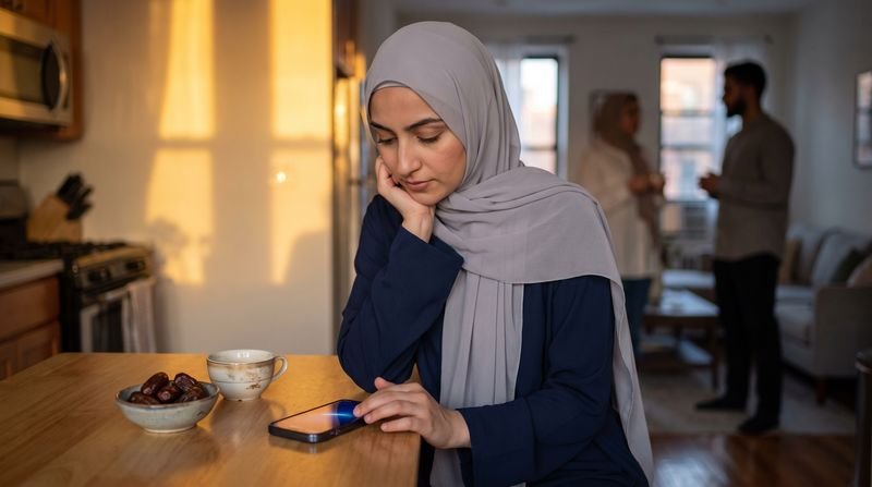 A woman in hijab reading the letter on her phone on a Thursday evening