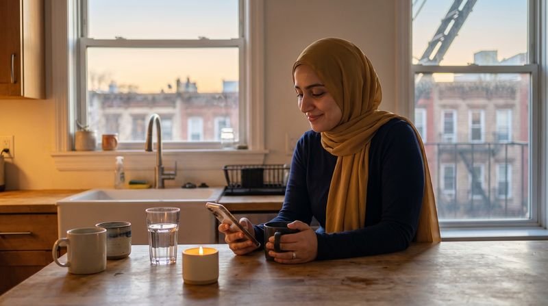 A woman in hijab at dawn with tea, reading a morning email on her phone