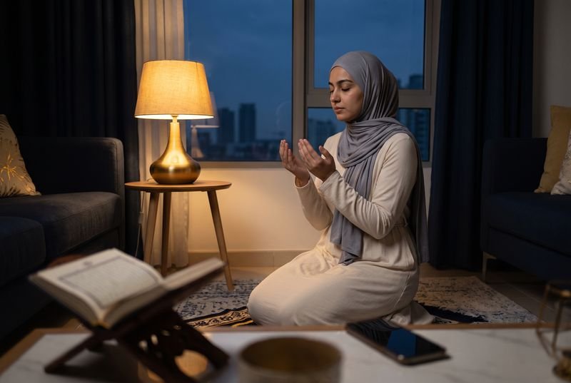 Hands raised in du'ā' before dawn, muṣḥaf open, phone face-down