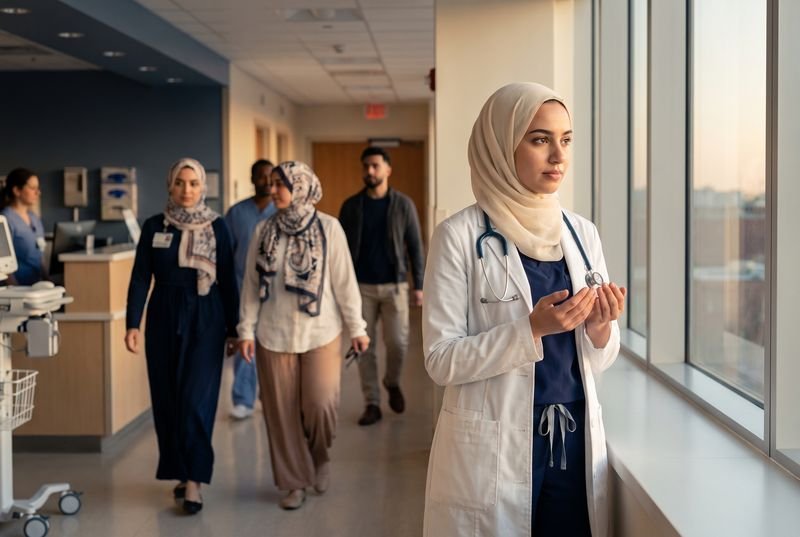 A young doctor in hijab pausing by a hospital window at sunrise, hands cupped in du'ā'